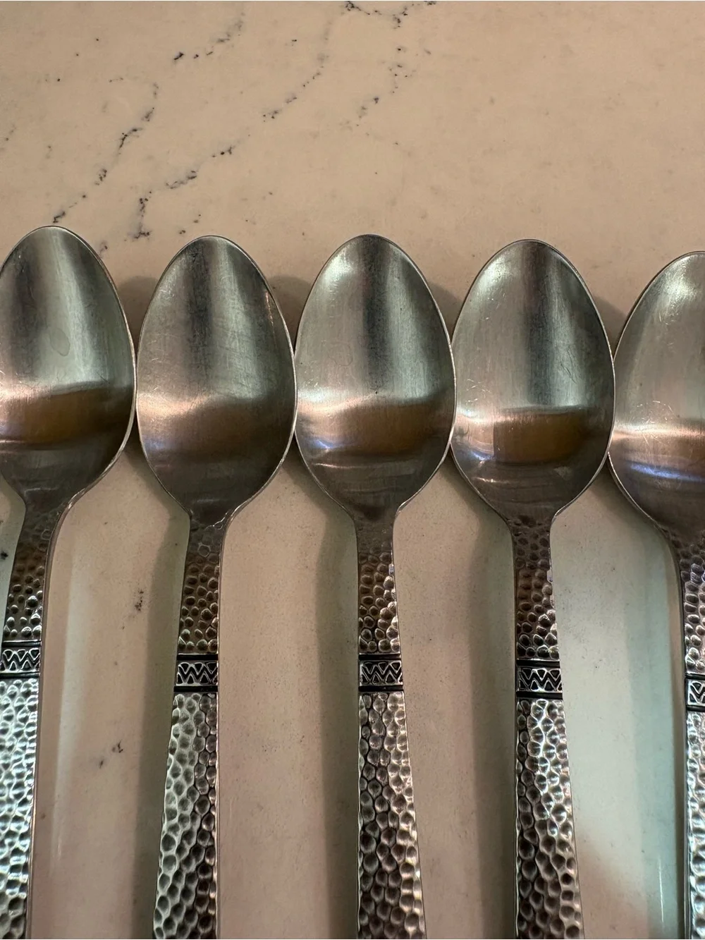 Churchill Silver Co Stainless Flatware 5 Spoons Hammered Geometric Chevron Vtg.